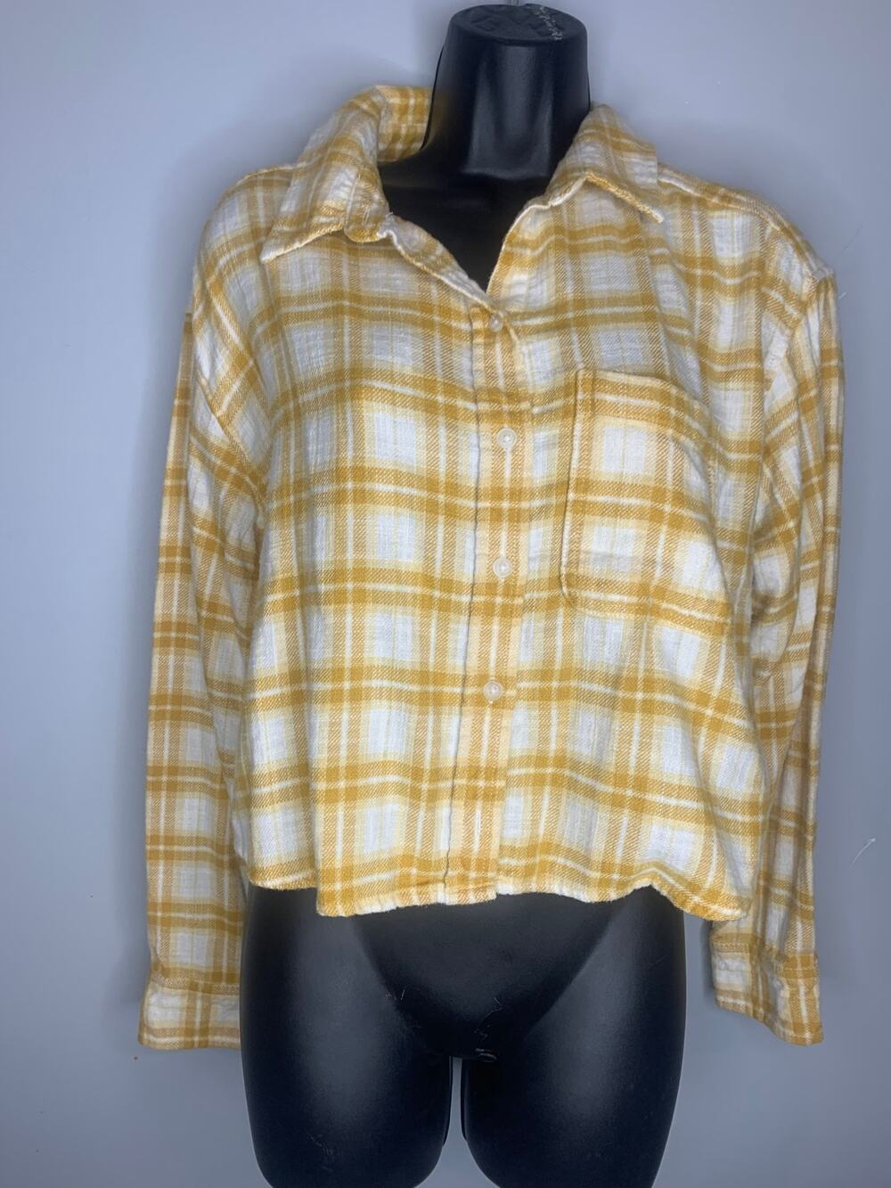 American Eagle Women's Mustard Cream Plaid Button-down Cropped Shirt